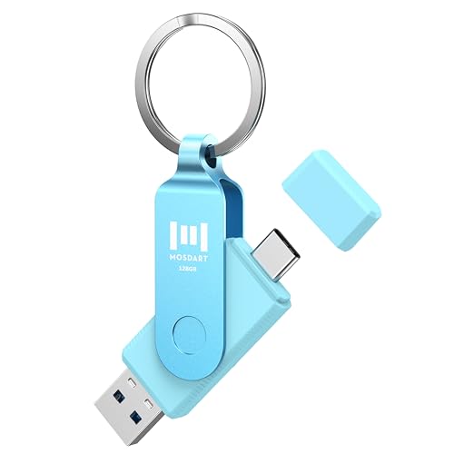 MOSDART 128GB USB3.1 Fast Speed C and A Dual Flash Drive, exFAT Memory Stick with Keychain and LED Indicator, for iPhone 15 and 16, Android Phone, iPad, MacBook, and Other Laptops, Sky Blue