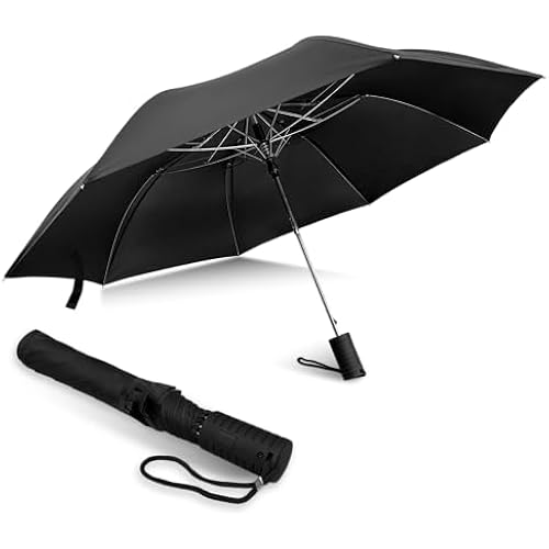 Weather Station Automatic Rain Umbrella, Windproof, Lightweight, and Packable for Travel, Full 42 Inch Arc, Black