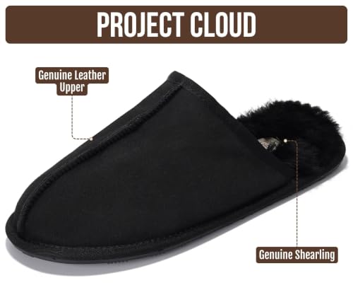 Image of Project Cloud Men's 100% Genuine Leather Shearling Memory Foam Slippers | Genuine Shearling Lining and Lightweight Non-Slip Indoor & Outdoor Wear Slippers for Men - Water-Resistant Mens Slippers