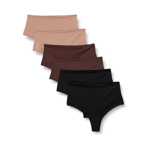 Amazon Essentials Women's Microfiber Thongs (G-String & High Waisted Thong), Pack of 6, Black/Rich Hazel/Washed Bronze, Large