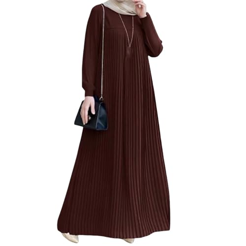 Robe longue plissée femme musulmane style arabe col rond manches longues chic