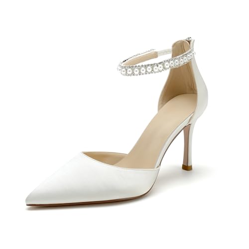Image of Pointed Toe Pearl Wedding Shoes for Bride White High Heels Satin Bridal Shoes Zipper Back Evening Party Dance Dresses Shoes Pumps for Women