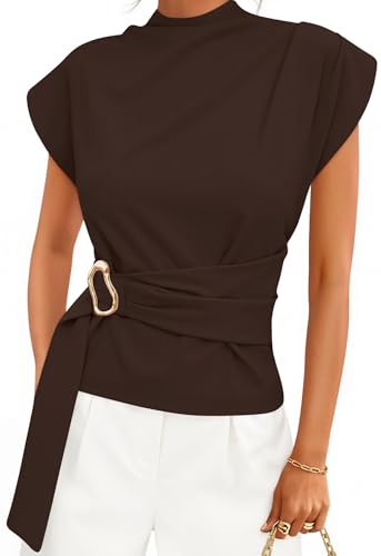 ZESICA Women's 2026 Summer Cap Sleeve Blouse Mock Neck Business Casual Tops Spring Dressy Tunic Work Shirts Brown X-Large