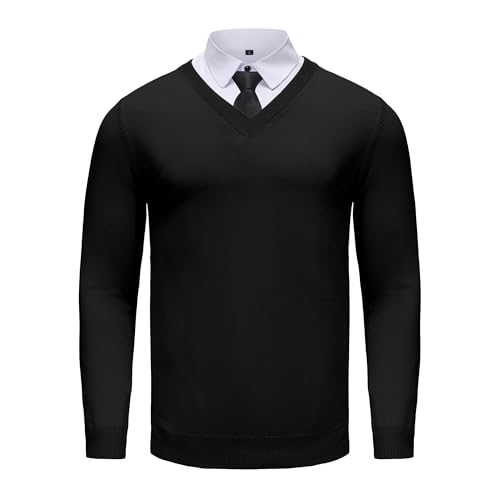 V Neck Knit Sweaters - Long Sleeve Lightweight Slim fit Pullover Jumper for Men's - Black Sweater for Work & Casual