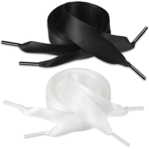 Satin Ribbon Shoelaces 2 Pairs Black White Shoe Laces for Trainers Flat Shoe Laces Boot Shoe Laces Kids Shoelaces, 0.79 Inches Width Cover