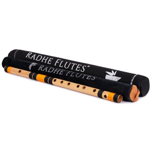 Image of Radhe Flutes Bamboo Bansuri C Sharp Right Handed Middle Octave (18 inch) With Hard Cover (Beige Flute With Black & Orange Threads)