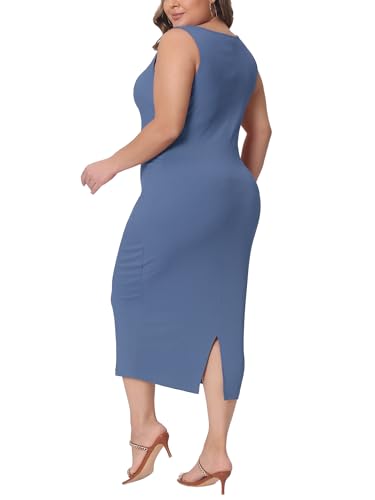 Image of Agnes Orinda Plus Size Dress for Women Summer Sleeveless Square Neck Bodycon Cocktail Sundress Sexy Midi Tank Dress