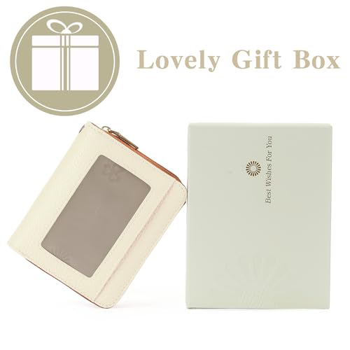 Image of GOIACII Small Wallet for Women RFID Blocking Credit Card Holder Ladies Compact Purse Zip Around Wristlet Vegan Leather White and Brown