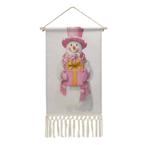 Jubonexis Arazzo da parete in lino, pupazzo di neve rosa cappello a cilindro nella neve, poster da parete vintage con nappa e asta in legno