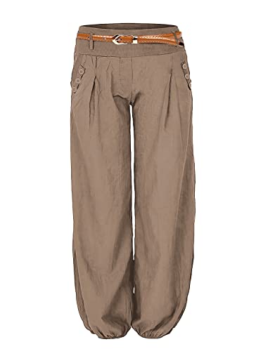 Cindeyar Damen Haremshose Elegant Pumphose Lange Leinen Hose mit Gürtel Aladin Pants (L, Khaki)