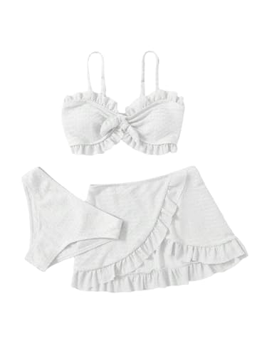 Image of SHENHE Girl's 3 Piece Cute High Waisted Ruffle Trim Swimsuit Bikini Sets with Beach Skirt