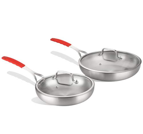 Image of DELARLO Tri-Ply Stainless Steel Frying Pan Set 8 inch 12 inch with Lid Skillet | Stainless Steel Pan Cooking Heat fast and evenly Compatible with All Cooktops Dishwasher and Oven Safe