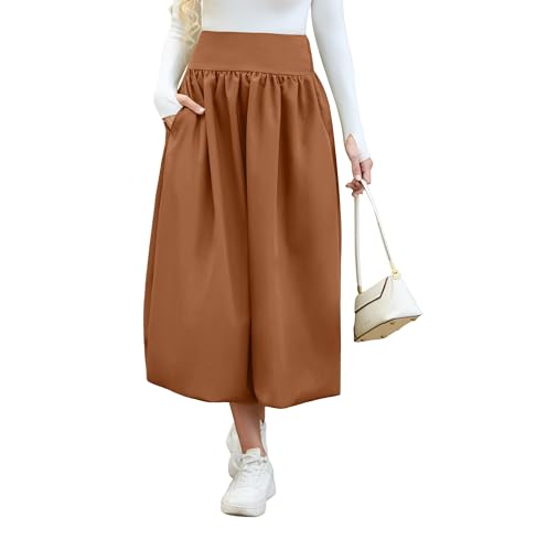 Women's Bubble Long Skirt Elastic Waist A-Line Pleated Ruffle Flowy Balloon Maxi Skirts with Pockets