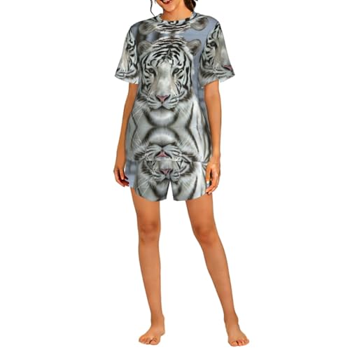 PHAYAH Ensemble de pyjama 2 pièces à motif tigre blanc pour femme, vêtement de nuit doux, décontracté, pyjama court avec poches, Noir , M