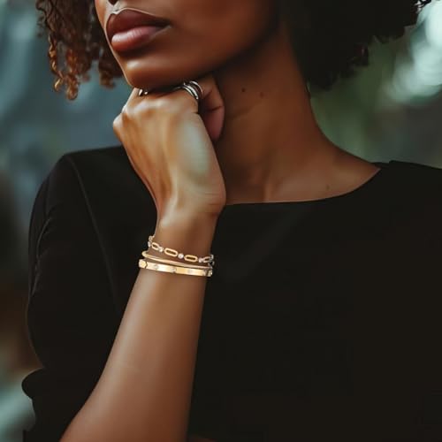 18K Gold Plated Bangle Bracelets for Women, Stackable Love Bangle Bracelet Set, Stainless Steel Non Tarnish Bracelet Set, Adjustable Bracelets Jewelry Christmas Valentine Birthday Gifts, Gold2