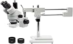 Professional Trinocular Stereo Zoom Microscope, 3.5X-90X Magnification with WF10X Eyepieces, 0.7X-4.5X Zoom Objective and 0.5X & 2.0X Auxiliary Lens, Double-Arm Boom Stand, 56S LED Ring Light