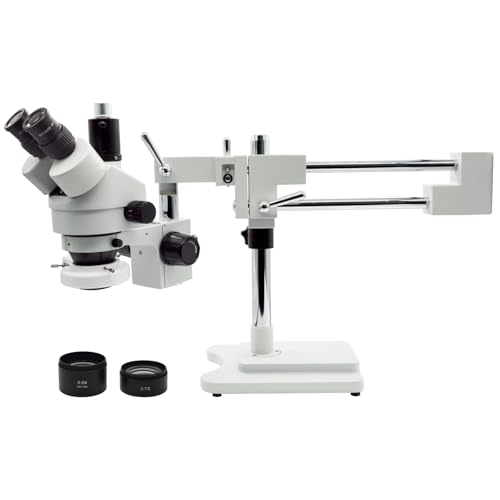 Professional Trinocular Stereo Zoom Microscope, 3.5X-90X Magnification with WF10X Eyepieces, 0.7X-4.5X Zoom Objective and 0.5X & 2.0X Auxiliary Lens, Double-Arm Boom Stand, 56S LED Ring Light