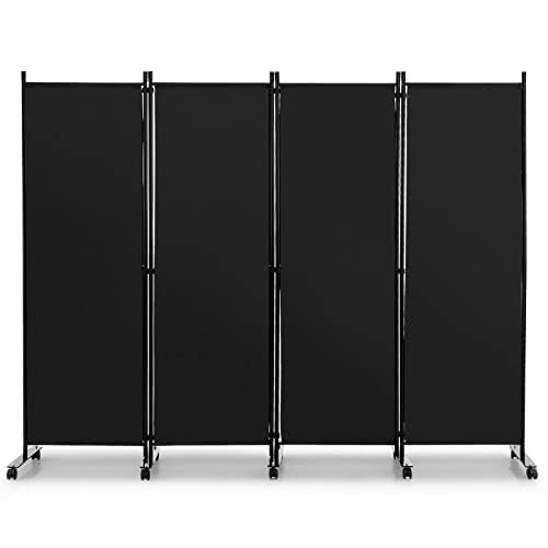 FANTASK 225 x 173 cm Biombo con Ruedas, biombo de 4 Piezas, Plegable, de Tela, Color Negro