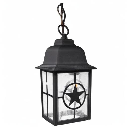 CORAMDEO Country Star Outdoor Farmhouse Pendant Light for Patios, Porches, and More, E26 Standard Socket, Suitable for Damp Location, Black Powder Coat Cast Aluminum with Seedy Glass