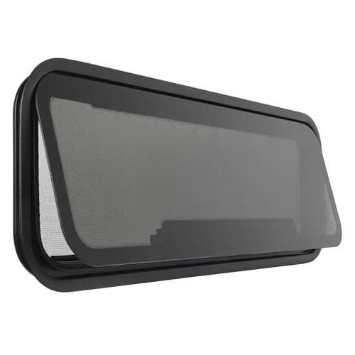 OUTPRIZE New Breathable RV Window for Rainy Days 33.5 x 10.5 Tinted RV Window with Net Screen and Trim Ring Fit for 2 Thickness Wall DOT Approved Small Opening Angle for Anti-Theft