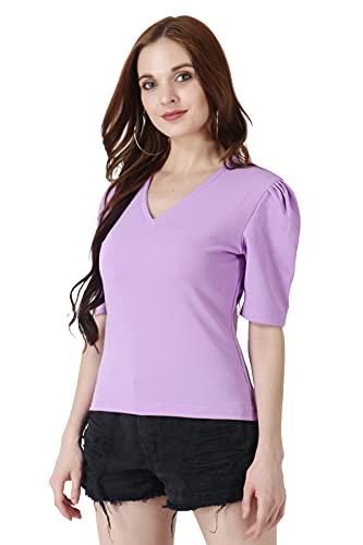 Image of POPWINGS Casual Solid Puff-Sleeves Crop Top for Women || V-Neck Crop Top for Women || Half-Sleeves Summer Crop Top for Women || Crop Tops for Women Fancy Crop Top for Women