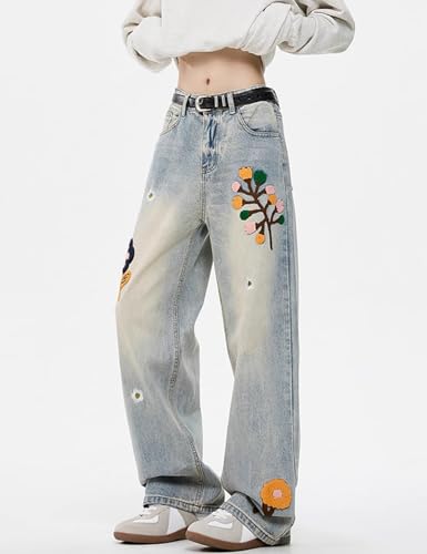 Baggy Jeans for Men Women Y2K Floral Pattern Low Rise Wide Leg Grunge Denim Pants Casual Fashion Harajuku Streetwear2
