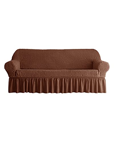 ZENMAG Housse de canapé 1 pièce, Housse de canapé 3 Places avec Jupe, résistante, Lavable, hautement élastique, Extensible, Facile à Ajuster, protège Meuble Universel (3 Places, Brun) Cover
