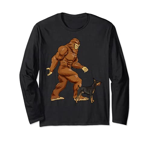 Funny Bigfoot Walking Miniature Pinscher Sasquatch Dog Long Sleeve T-Shirt, Black