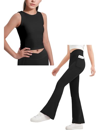 JOCMIC Girls Flare Leggings and Girls Athletic Tank Tops Set 11-12 Years