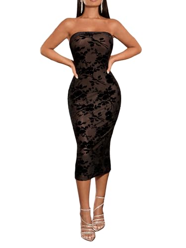 Image of SweatyRocks Women's Floral Print Tube Bodycon Dress Elegant Strapless Split Hem Midi Dress Black Small
