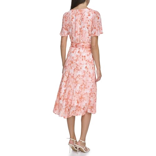 Image of DKNY Women's Flutter Sleeve Round Neck Waist Tie Midi Dress