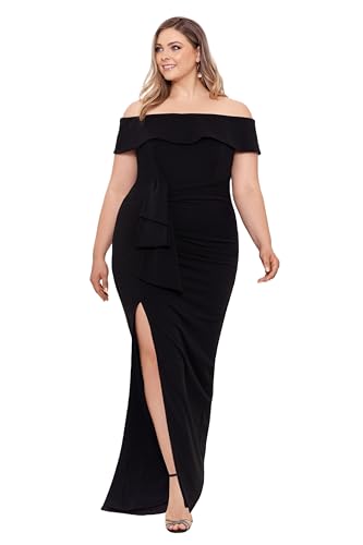 Image of Xscape Women's Plus Size Off Shoulder Straight Neck Evening Gown with Foldover Cuff, Side Ruffle, Leg Slit, Fitted Formal Dress, Black, 14W