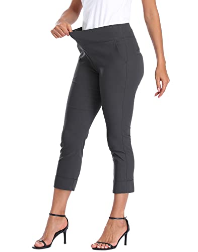 Image of HDE Pull On Capri Pant for Women w /Pockets Elastic Waist Cropped Work Pant | Comfortable Pull On Waist, Tailored Fit with Cuff, Stretchy Summer Office Pants, 24.25 inch Inseam, Professional Dress Capris