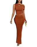 Women 2 Piece Skirt Sets Sexy Off Shoulder Asymmetrical Crop Top Bodycon Maxi Skirts Vacation Going Out Outfits Brown XL