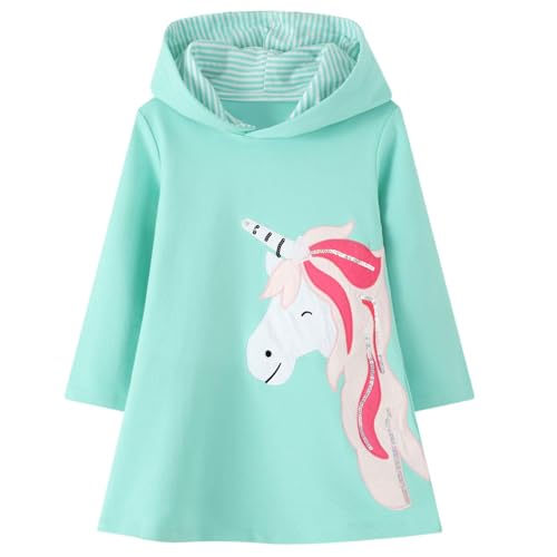 Image of FILOWA Dress for Girls Hooded Jumper Hoodie Sweatshirt Sequin Embroidery Cotton Causal Long Sleeve Animal Applique Sweet Dress for Little Kids 6-7 Years Green
