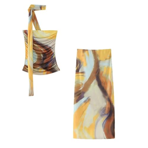 Women Print Cocktail Party Suit Fashion Ss Tulle Folds Tops Vintage High Waist Midi Skirt2