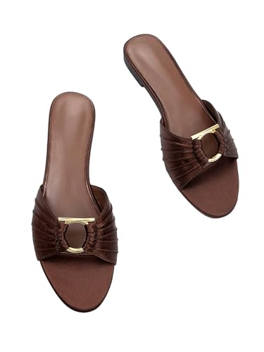 Verdusa Women's Metal Ring Satin Leather Dressy Sandals Point Toe Slip on Flat Sandals
