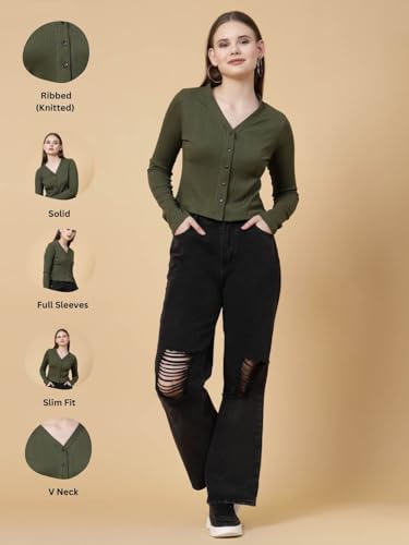 Image of Rigo Casual Wear V Neck Rib Knit Top for Women | Slim Fit Long Sleeves Western Tops for Women
