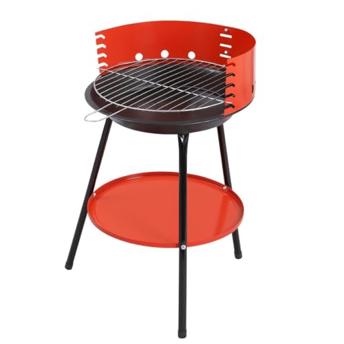 Barbacoa Redonda de Carbón, 35x53 cm, Portátil, Color Rojo y Negro, con Parrilla de Acero y Estante Inferior para Jardín y Camping