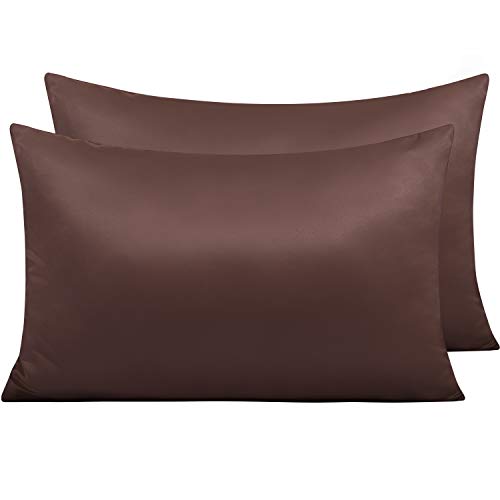 NTBAY 2 Pack Zippered Satin Pillow Cases for Hair and Skin Luxury King Hidden Zipper Pillowcases Set of 2, 50x90 cm, Chocolate