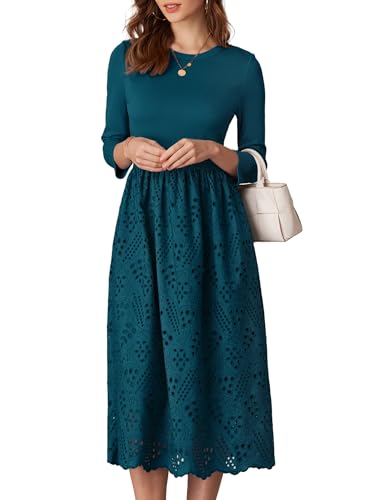 Damen Kleid mit Lochmuster Bestickt Lässiges Herbstkleid Empire Taille...