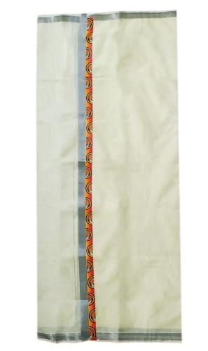 Image of Mens Print along with Border 100% Cotton Cream Dhoti 4.00 Meters Double Mundu /Vesti