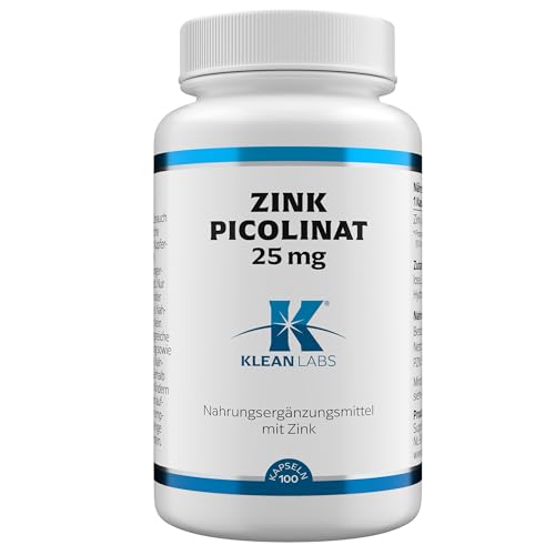 Klean Labs - Zink Picolinat - 25mg elementares Zink pro Kapsel - 100 Kapseln - vegan ohne Gentechnik ohne unerwünschte Zusätze & hochdosiert - zur Unterstützung des Immunsystems