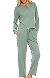 Alexander Del Rossa Women's Ribbed Waffle Knit Henley Pajamas Set Loungewear Shirt Pants with Pockets and Drawstring Sage M (A0882SGEMD)