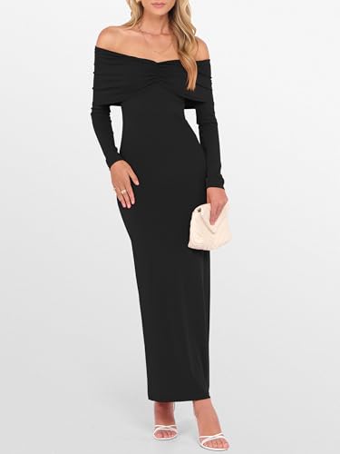 Caracilia Womens Off The Shoulder Bodycon Maxi Dress Fall Sexy Elegant Long Sleeve Ruched Club Party Formal Cocktail Dresses2