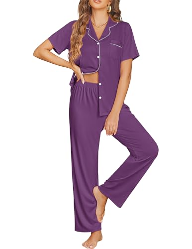 Ekouaer Womens Pajama Sets Button Down Pjs Lounge Sets 2 Piece Short Sleeve Sleepwear Soft Comfy Loungewear Purple M