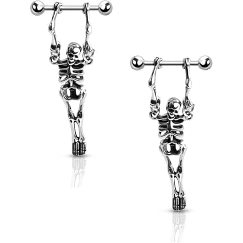 Pierced Owl 16G Stainless Steel Hanging Skeleton Nipple Barbells, Sold as a Pair