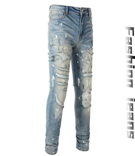 Jeans Pants Trousers Denim Men Trendy Street Stretch Slim Fit Worn Hole Spray Paint Dot Graffiti Personalized Blue Grinding Fading Wrinkle Casual Small Leg(Light Blue,30)4