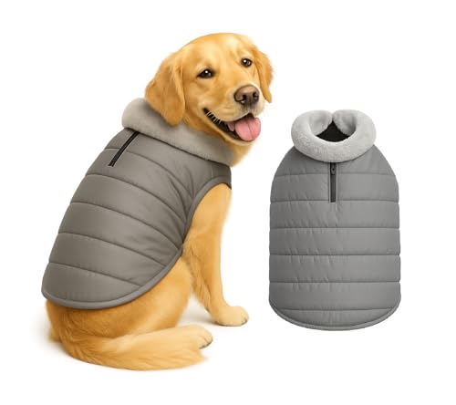 Image of The Pets Company Dog Winter Coat Jacket, Clothes, Windproof, Waterproof, Light Weight, Washable, Ultra Warm Thick Fleece Lined Dog Vest for Cold Weather Protection, (Grey, Large - 26 Inch)