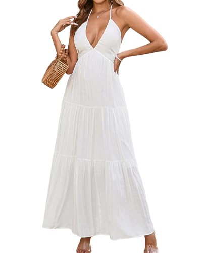 GLNEGE Summer Maxi Beach Dress Boho Halter V Neck Backless Bow Dresses Flowy Trendy Ruffle Sundress for Women 2025 White